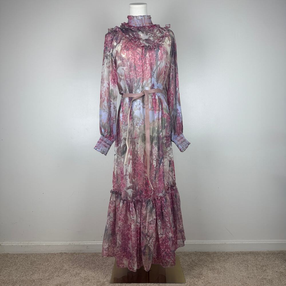 NWOT Bohemian Floral Silk-Chiffon Maxi Dress Smocked Neck & Belted Waist Size M